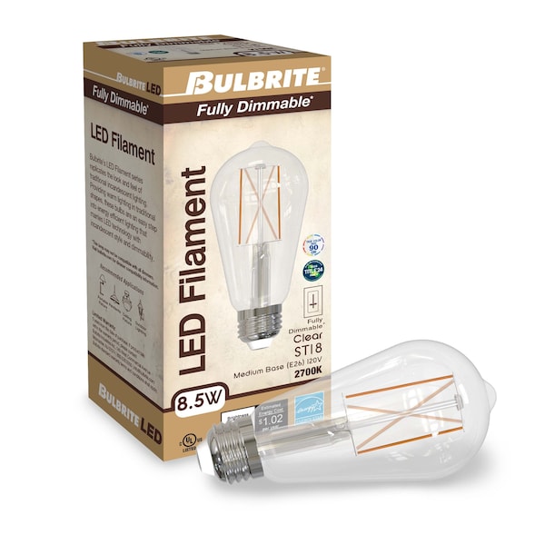 8.5 Watt Dimmable Clear ST18 LED Light Bulbs With Medium E26 Base, 2 PK